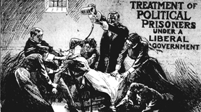 Suffragette being force fed through tube by prison doctors and nurses.
