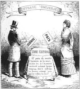 Man and woman placing ballets in election box.  Banner of Suffrage Universel hangs overhead.