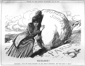 Woman pushing bolder labeled women?s suffrage up a steep hill identified as Parliament.