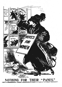 Suffragette wearing a ?vote for women? sign smashing window panes.