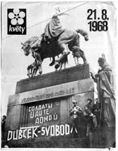 Image of Czechs standing on the base of the St. Wenceslas statue in the center of Prague protesting the invasion.