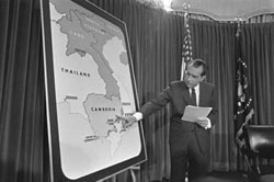 Nixon Pointing to map of Cambodia during press conference